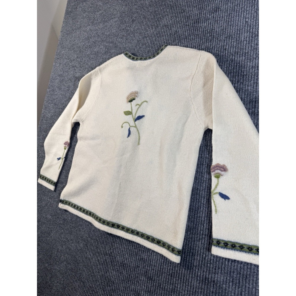 Coldwater Creek Ivory Floral Embroidered Knit Cardigan Sweater 100% Wool L Women - Picture 8 of 11